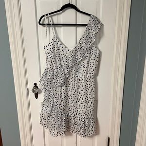 Lilly Pulitzer Blue & Gold Dot White Ruffle One Shoulder Dress w/ Elastic Waist